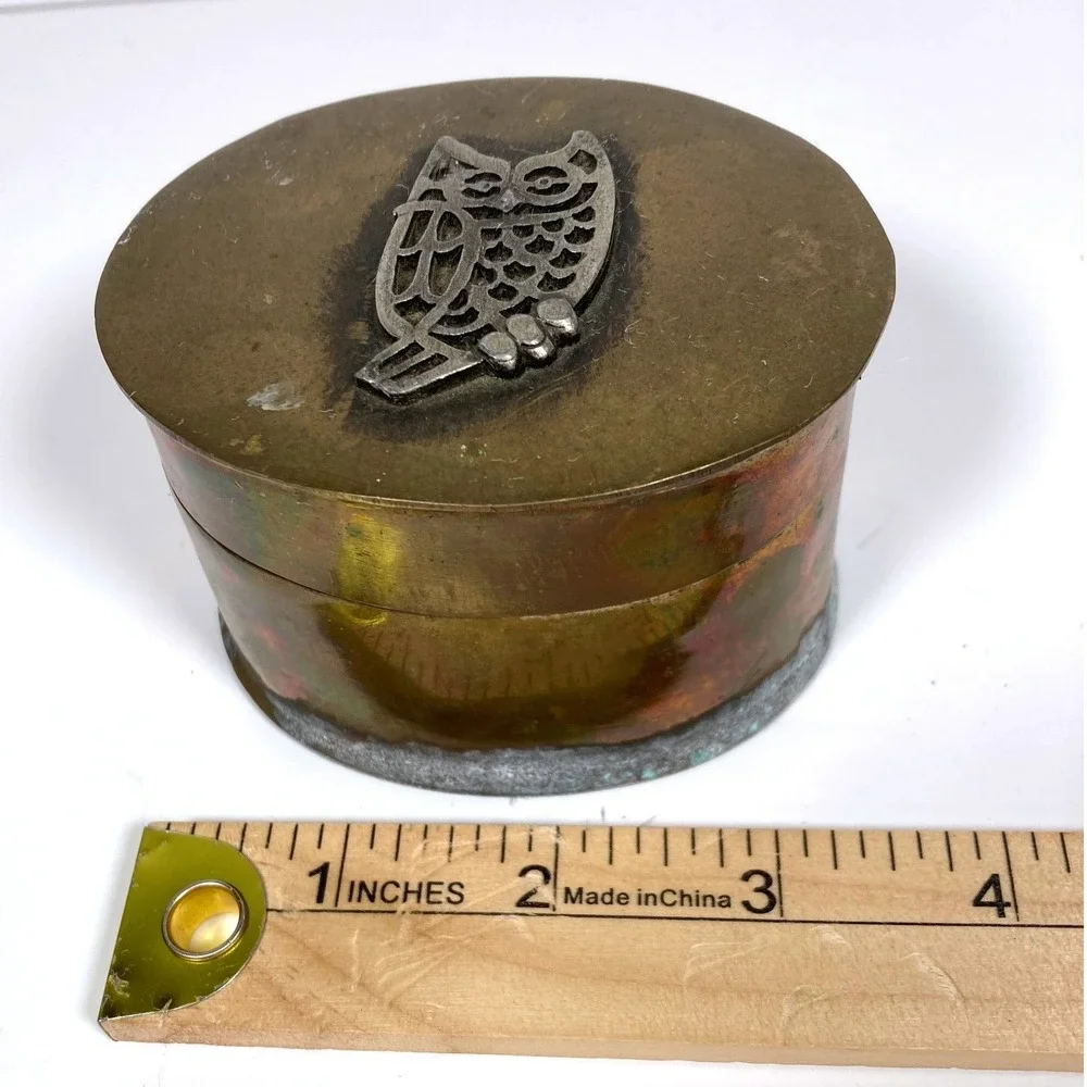 Vintage Brass Oval Trinket Box Filigree Owl Hinged Lid Patinated Rustic Decor